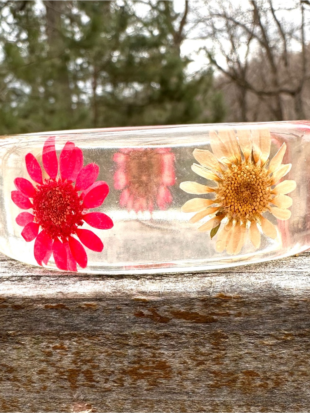 Lucite Bangle Bracelet With Embedded Dried Daisy Flowers - Picture 4 of 6